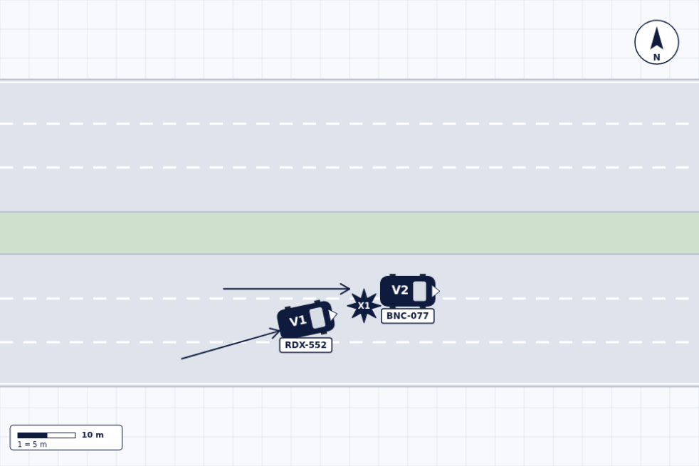 Lane-change sideswipe diagram made with My Traffic Sketch: V1 angled across the lane line into V2's lane on a divided highway, impact between their sides