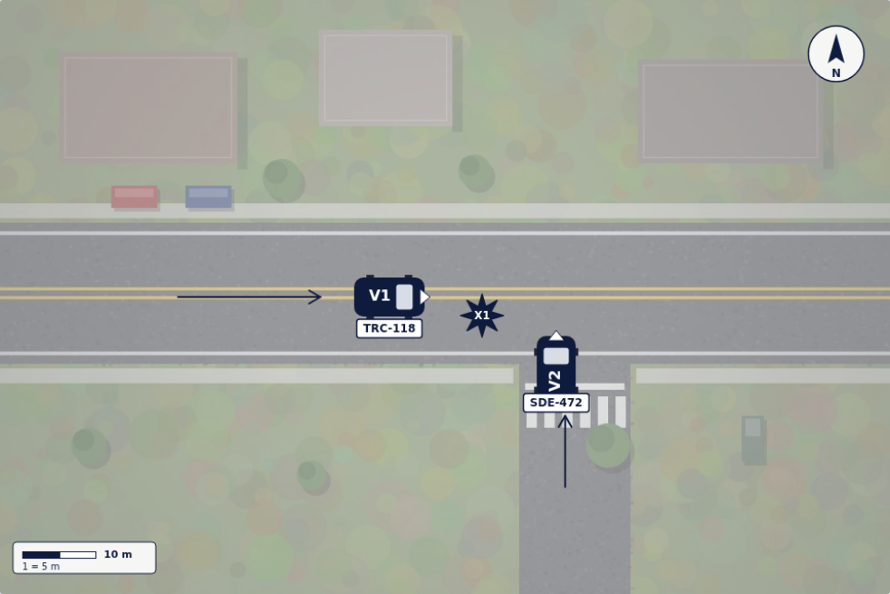 Collision traced over a dimmed overhead image: V1 with a travel arrow eastbound on the main road, V2 emerging from the side street, impact point X1 between them