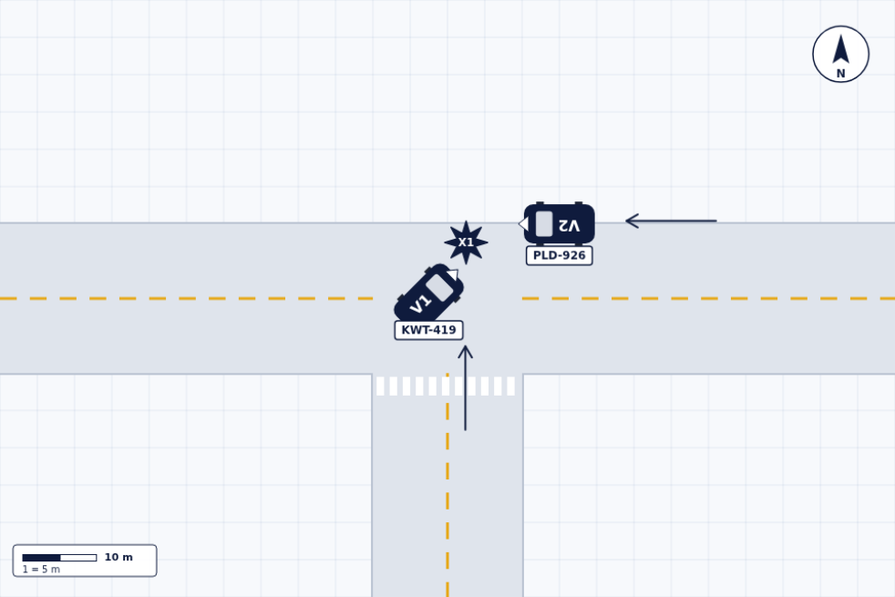 T-intersection collision diagram made with My Traffic Sketch: V1 turning left out of the side street, V2 approaching on the main road, impact mid-turn