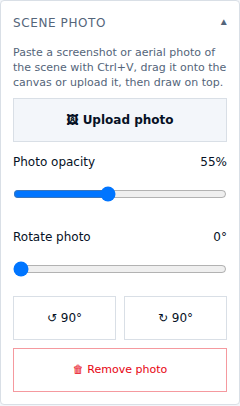 The Scene photo panel in the editor: Upload photo button, a photo opacity slider set to 55%, a rotate photo slider, ±90° buttons and Remove photo
